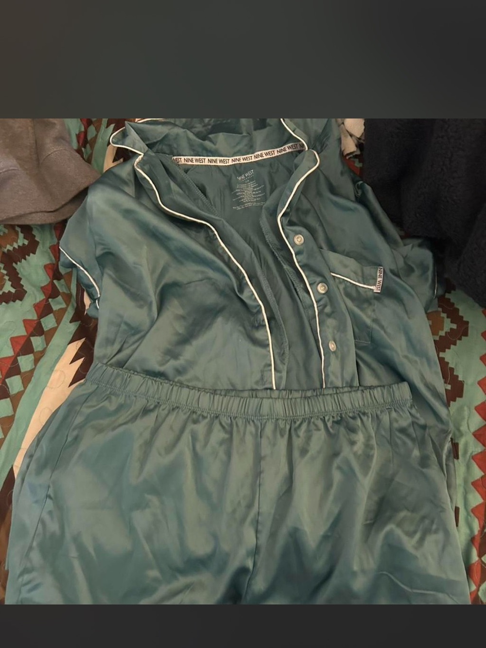 Nine West Teal Satin Pajama Jumpsuit with White Piping